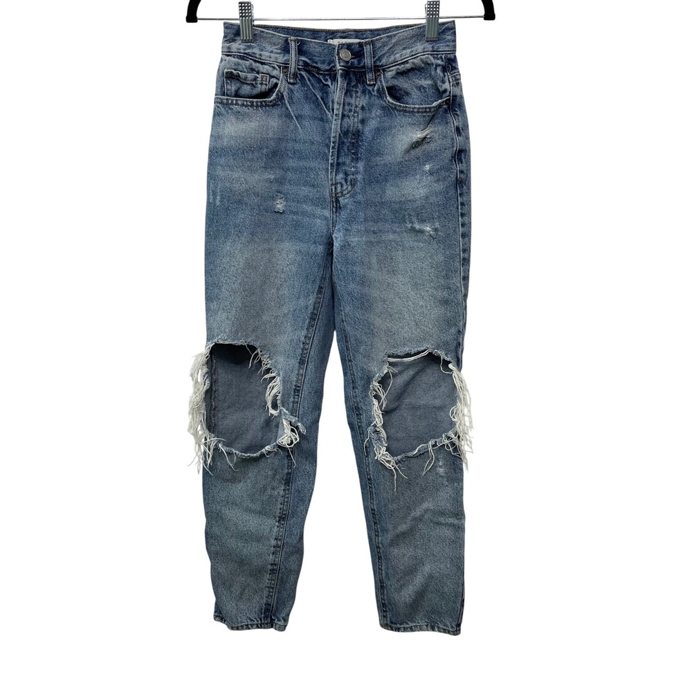 PacSun Ultra High Rise Slim Distressed Jean Med Wash Blue 24 Button Fly Thrashed